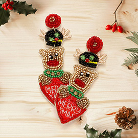 Merry Xmas Message Felt Back Seed Beaded Rudolph Heart Dangle Earrings