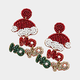 Felt Back Pearl Beaded Santa Hat HoHoHo Message Link Dangle Earrings