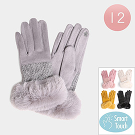 12Pairs- Faux Fur Cuff Knit Detailed Touch Smart Gloves