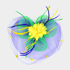 Mardi Gras Floral Mesh Netting Feather Fascinator / Headband