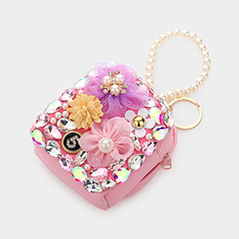No. 5 Flower Stone Embellished Pearl Handle Micro Backpack Bag / Keychain