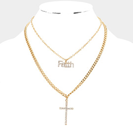 Stone Embellished Faith Message Cross Pendant Double Layered Necklace