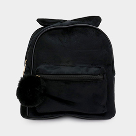 Bow Pointed Solid Faux Fur Pom Pom Backpack Bag