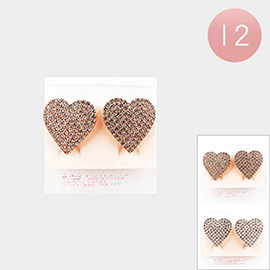12Pairs - Rhinestone Embellished Heart Clip on Earrings