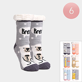 6Pairs - Faux Sherpa Lining Animal Character Socks