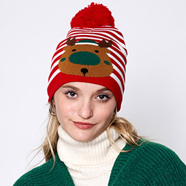 Striped Rudolph Pom Pom Beanie Hat