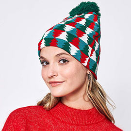 Christmas Tree Patterned Pom Pom Beanie Hat