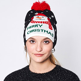 Merry Christmas Message Snowman Pom Pom Beanie Hat