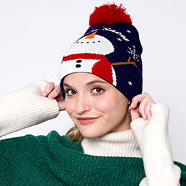 Let It Snow Message Snowman Snowflake Pom Pom Beanie Hat