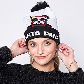 Santa Paws Message Bulldog Pom Pom Beanie Hat