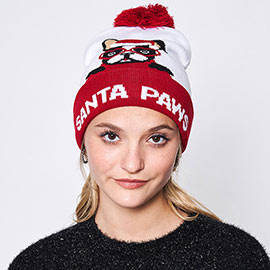 Santa Paws Message Bulldog Pom Pom Beanie Hat