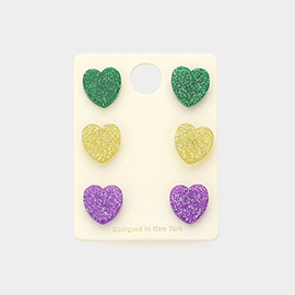 3Pairs - Mardi Grass Heart Stud Earrings