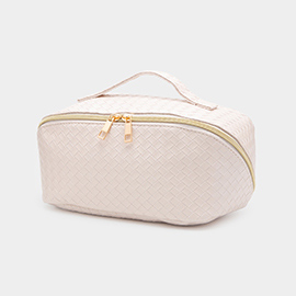 Woven Detailed Solid Tote Bag / Travel Cosmetic Bag