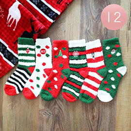12Pairs - Joy Message Christmas Tree Snowflake Rudolph Santa Claus Pointed Soft Socks