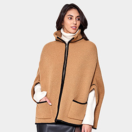 Bordered Front Pockets Zip Up Poncho