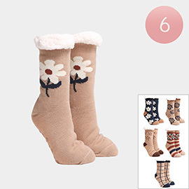 6Pairs - Faux Sherpa Lining Flower Socks