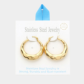 18K Gold Dipped Stainless Steel 1.25 Inch Textured Metal Hoop Pin Catch Earrings