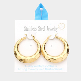 18K Gold Dipped Stainless Steel 1.6 Inch Textured Metal Hoop Pin Catch Earrings