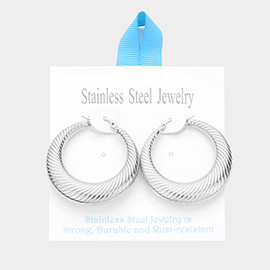Stainless Steel 1.5 Inch Textured Metal Hoop Pin Catch Earrings