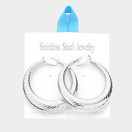 Stainless Steel 2 Inch Textured Metal Hoop Pin Catch Earrings
