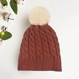 Cable Knit Faux Fur Pom Pom Beanie Hat