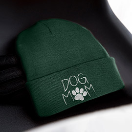 Dog Mom Message Paw Pointed Solid Knit Beanie Hat