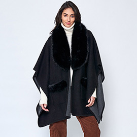 Faux Fur Trimmed Front Pockets Ruana Poncho