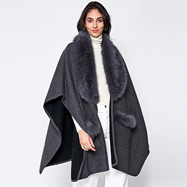 Faux Fur Trimmed Front Pockets Ruana Poncho