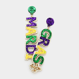 Glittered Mardi Gras Message Fleur de Lis Pointed Dangle Earrings