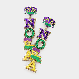 Mardi Gras Glittered Nola Message Dangle Earrings
