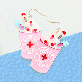 Nurse Fuel Message Glittered Resin Syringe Thermometer Pills Pointed Latte Dangle Earrings