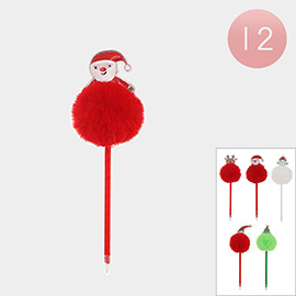 12PCS - Rudolph Santa Claus Snowman Hat Christmas Tree Faux Fur Pom Pom Ball Pens