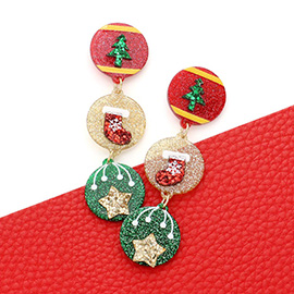 Glittered Resin Christmas Tree Sock Star Pointed Triple Ornament Link Dangle Earrings