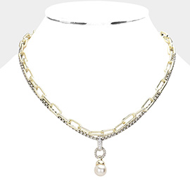 CZ Embellished Pearl Pendant Double Layered Toggle Necklace