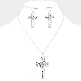 Stone Embellished Swirl Detailed Metal Cross Pendant Necklace