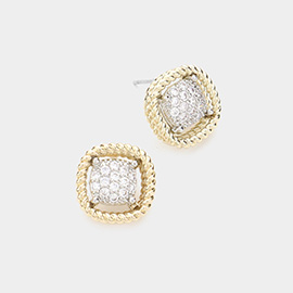 CZ Embellished Curved Square Stud Earrings
