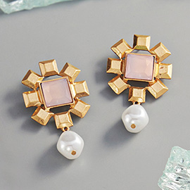 Square Bead Centered Pearl Link Dangle Earrings