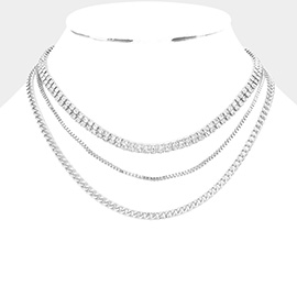 White Gold Dipped Rhinestone Embellished Metal Chain Triple Layered Bib Necklace