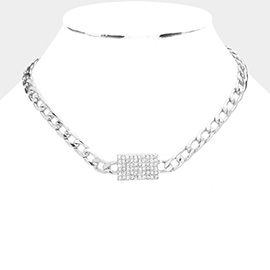 White Gold Dipped Rhinestone Embellished Rectangle Accented Chain Link Necklace
