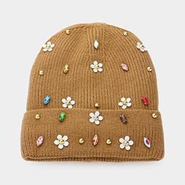 Fleece Lining Daisy Flower Stone Embellished Solid Knit Beanie Hat