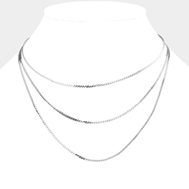 White Gold Dipped Metal Chain Triple Layered Bib Necklace