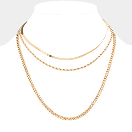 Gold Dipped Metal Chain Triple Layered Bib Necklace