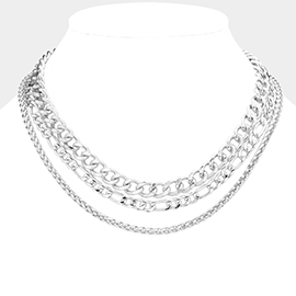 White Gold Dipped Metal Chain Triple Layered Necklace