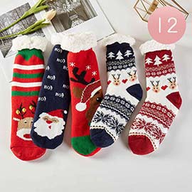 12Pairs - Faux Sherpa Lining Rudolph Santa Claus Socks