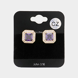 CZ Square Accented Octagon Stud Evening Earrings