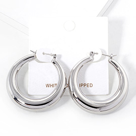 White Gold Dipped 1.5 Inch Metal Hoop Pin Catch Earrings