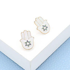 Glittered Star of David Centered Hamsa Hand Hanukkah Stud Earrings