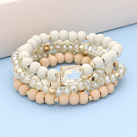 5PCS - Emerald Cut Stone Accented Wood Ball Faceted Beaded Stretch Bracelets