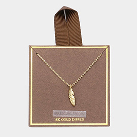 18K Gold Dipped CZ Stone Paved Feather Pendant Necklace