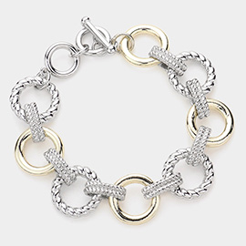 Texture Metal Open Circle Link Toggle Bracelet